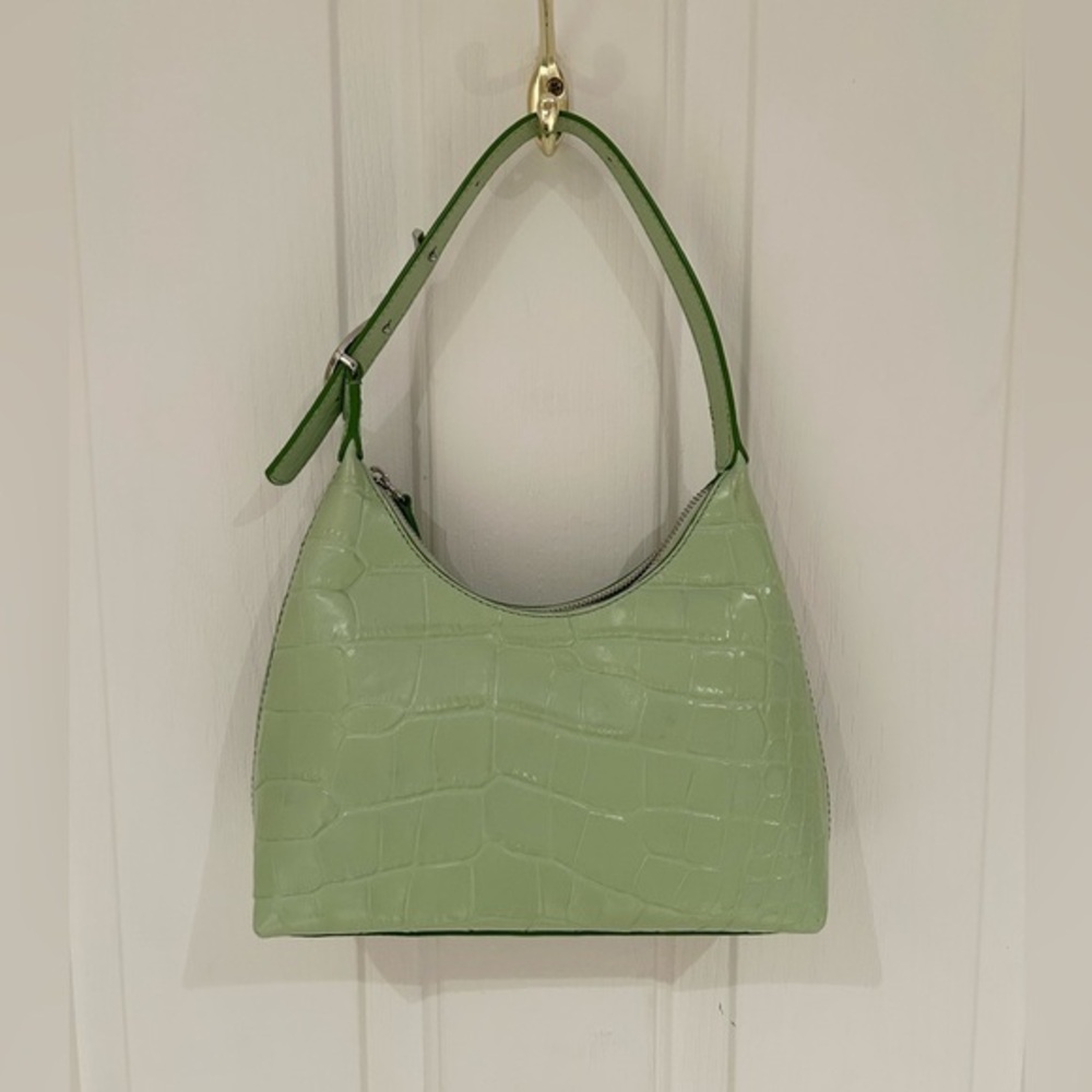 STAUD Women Patent Leather Croc-Embossed Shoulder Bag, Light Green, Metal Logo
